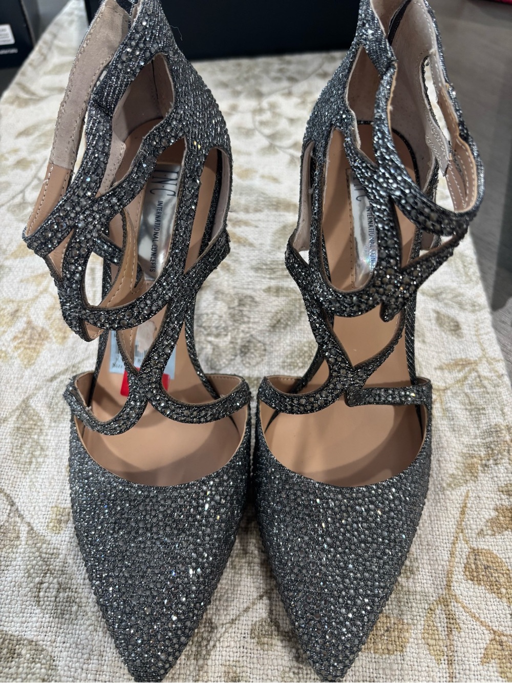 AFF Gunmetal Crystal Strappy Pointed-Toe Heels